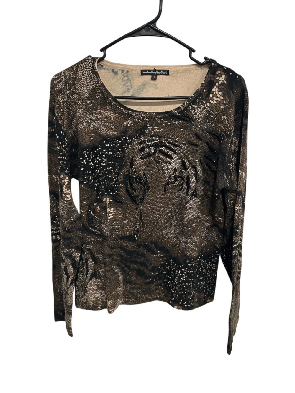 Pierri New York Brown Black Animal Print Long Sleeve Top Size Small Wild Chic